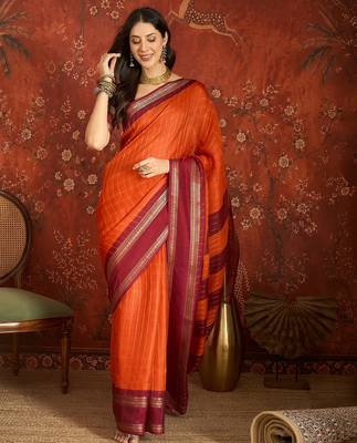 Orange silk cotton zari checks saree with unstitched blouse piece. 2