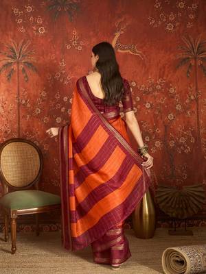 Orange silk cotton zari checks saree with unstitched blouse piece. 4