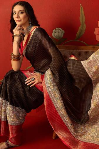 Black silk cotton zari checks saree with unstitched blouse piece