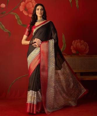 Black silk cotton zari checks saree with unstitched blouse piece. 2