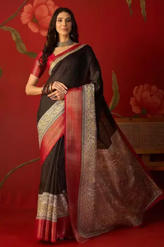 Black silk cotton zari checks saree with unstitched blouse piece