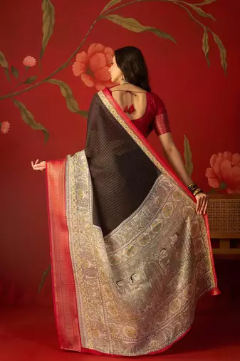 Black silk cotton zari checks saree with unstitched blouse piece