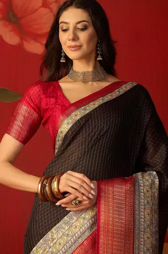 Black silk cotton zari checks saree with unstitched blouse piece