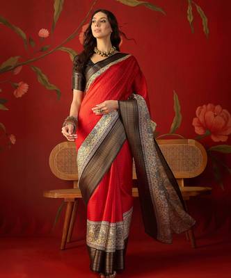 Red silk cotton zari checks saree with unstitched blouse piece. 2