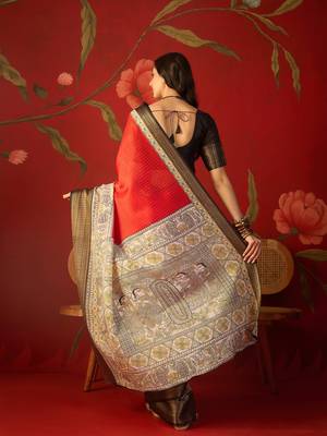 Red silk cotton zari checks saree with unstitched blouse piece. 3