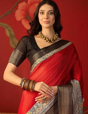 Red silk cotton zari checks saree with unstitched blouse piece. 4