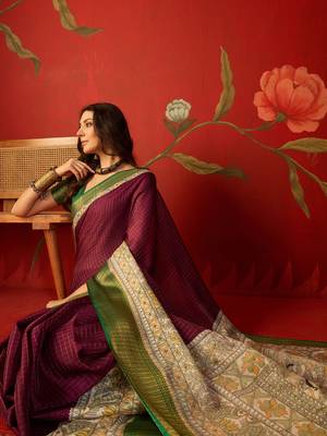 Wine silk cotton zari checks saree with unstitched blouse piece. 1