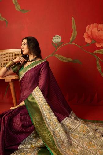 Wine silk cotton zari checks saree with unstitched blouse piece.