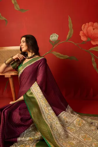Wine silk cotton zari checks saree with unstitched blouse piece.