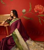 Wine silk cotton zari checks saree with unstitched blouse piece.