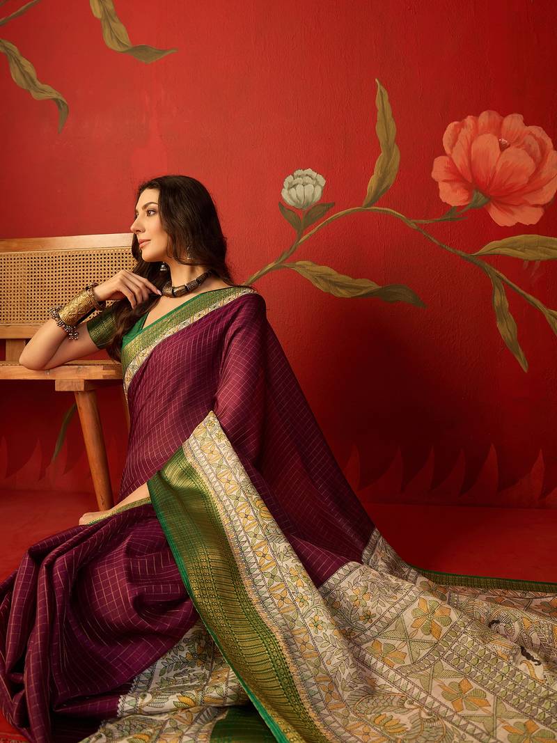 Wine silk cotton zari checks saree with unstitched blouse piece.