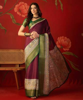 Wine silk cotton zari checks saree with unstitched blouse piece. 2