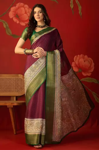 Wine silk cotton zari checks saree with unstitched blouse piece.