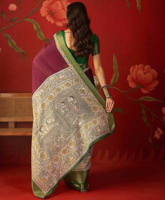 Wine silk cotton zari checks saree with unstitched blouse piece. 3