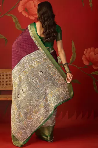 Wine silk cotton zari checks saree with unstitched blouse piece.