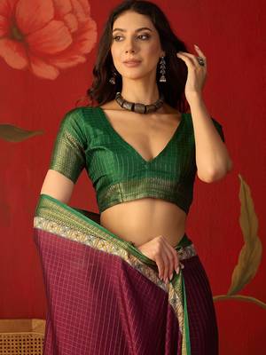 Wine silk cotton zari checks saree with unstitched blouse piece. 5