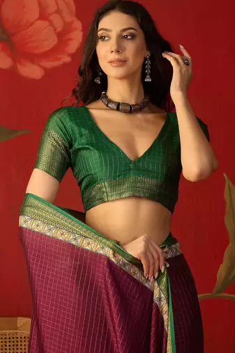 Wine silk cotton zari checks saree with unstitched blouse piece.