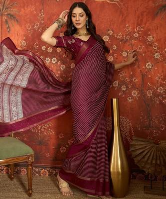 Wine silk cotton printed saree with unstitched blouse piece. 1