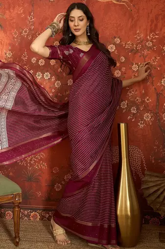 Wine silk cotton printed saree with unstitched blouse piece