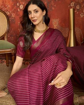 Wine silk cotton printed saree with unstitched blouse piece. 2