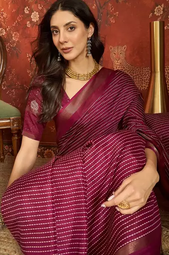 Wine silk cotton printed saree with unstitched blouse piece