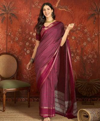 Wine silk cotton printed saree with unstitched blouse piece. 3