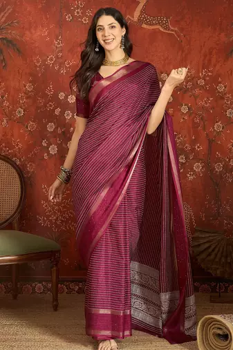 Wine silk cotton printed saree with unstitched blouse piece