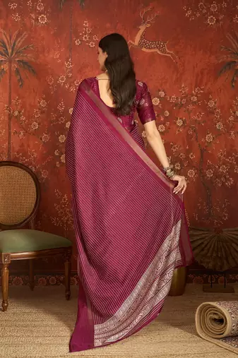 Wine silk cotton printed saree with unstitched blouse piece