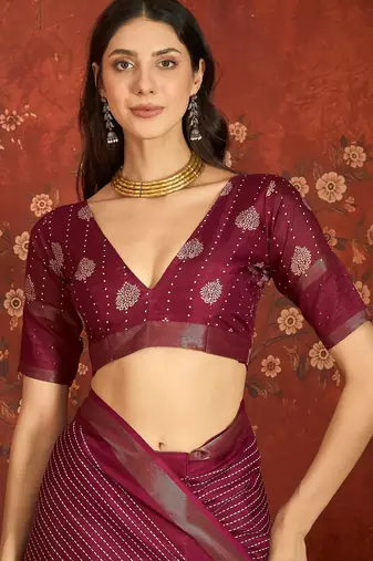Wine silk cotton printed saree with unstitched blouse piece