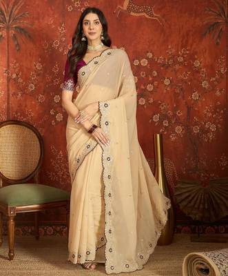 Beige chiffon embroidered saree with unstitched blouse piece. 2