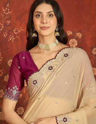 Beige chiffon embroidered saree with unstitched blouse piece. 3