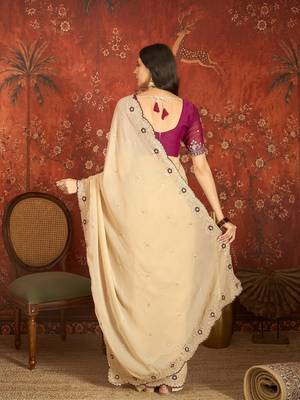 Beige chiffon embroidered saree with unstitched blouse piece. 4
