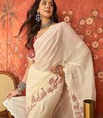 Cream chiffon embroidered saree with unstitched blouse piece.