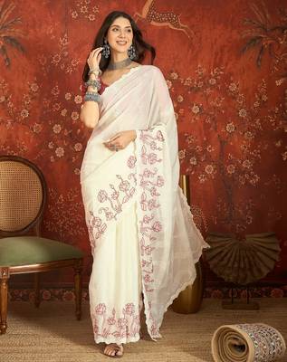 Cream chiffon embroidered saree with unstitched blouse piece. 2