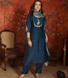  teal blue roman handwork kurti pant set with muslin print dupatta