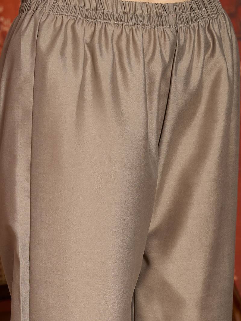 Elegant grey roman handwork kurti pant set with muslin print dupatta