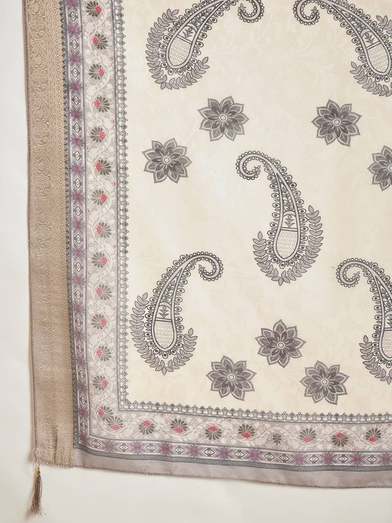 Elegant grey roman handwork kurti pant set with muslin print dupatta