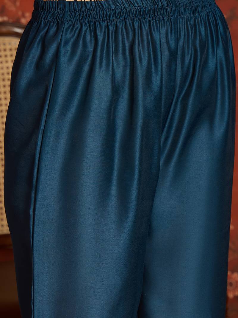 teal blue roman handwork kurti pant set with muslin print dupatta