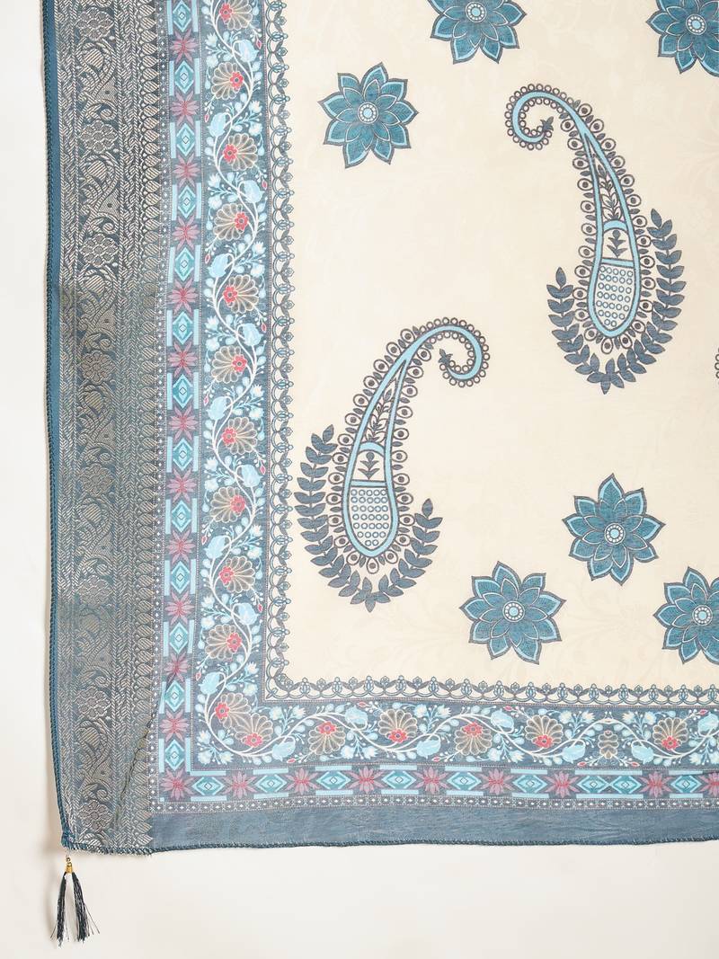  teal blue roman handwork kurti pant set with muslin print dupatta