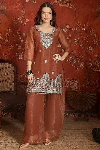  rust shimmer zari kurti sharara set
