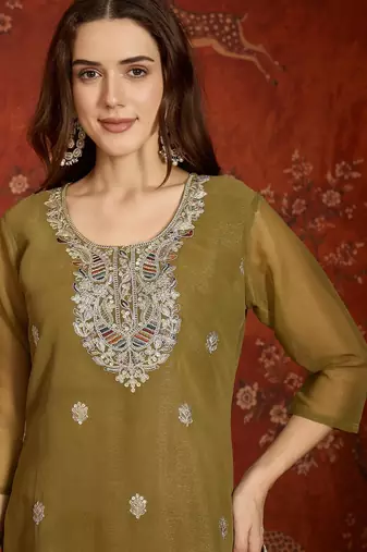 Elegant olive green shimmer zari kurti sharara set