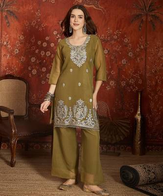 Elegant olive green shimmer zari kurti sharara set 4