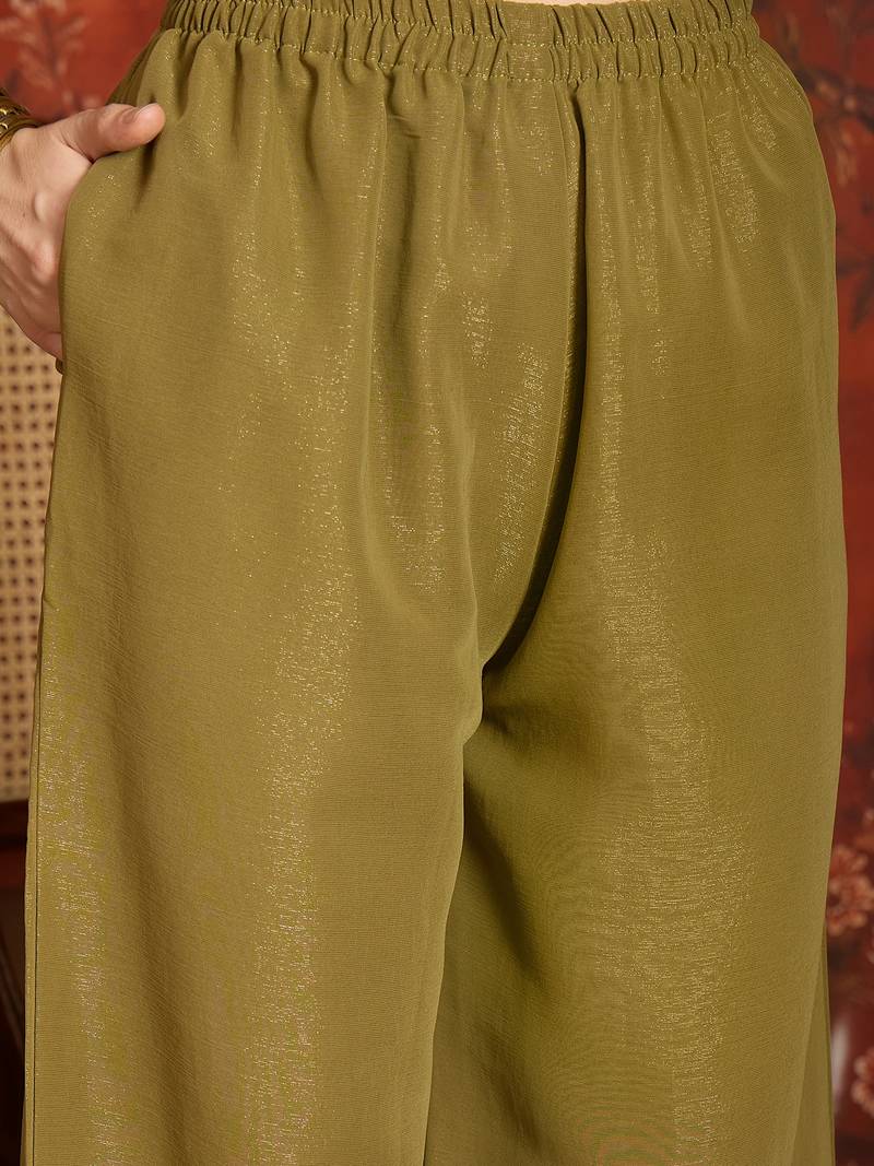 Elegant olive green shimmer zari kurti sharara set