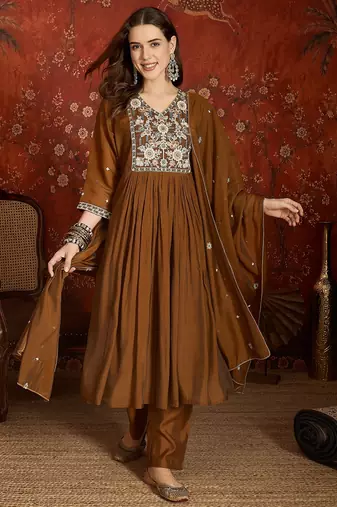 Elegant brown mull chanderi flared kurti pant set