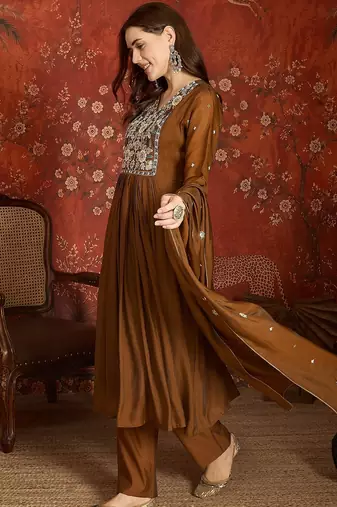 Elegant brown mull chanderi flared kurti pant set