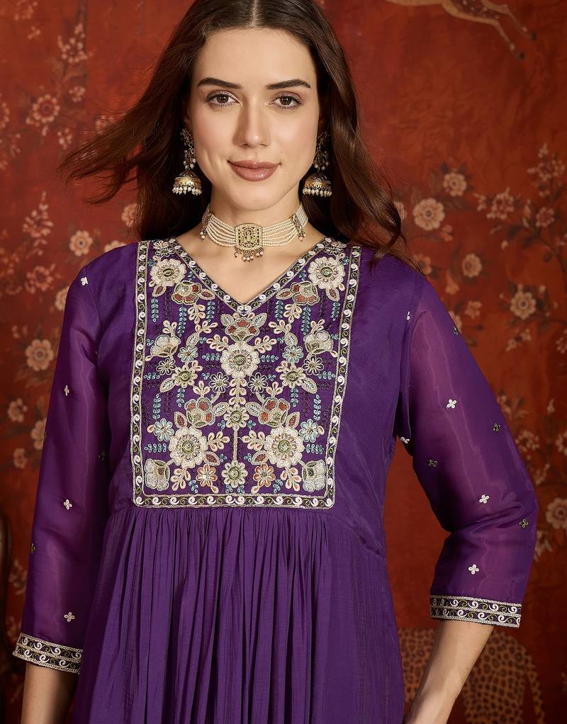  purple mull chanderi flared kurti pant set