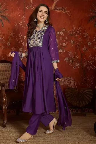  purple mull chanderi flared kurti pant set