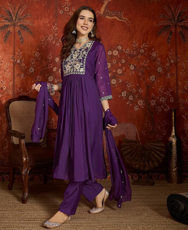  purple mull chanderi flared kurti pant set