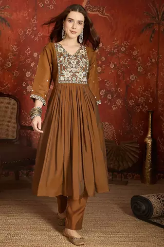 Elegant brown mull chanderi flared kurti pant set