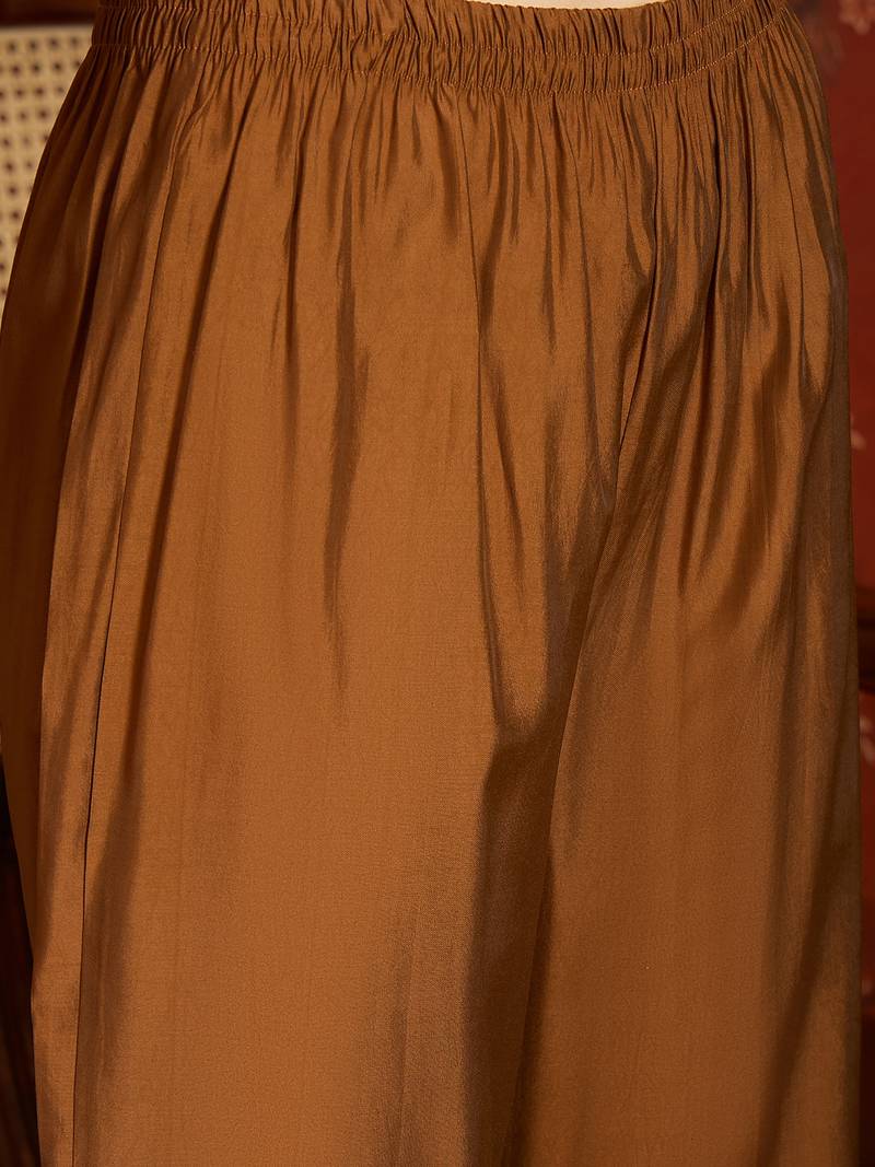 Elegant brown mull chanderi flared kurti pant set